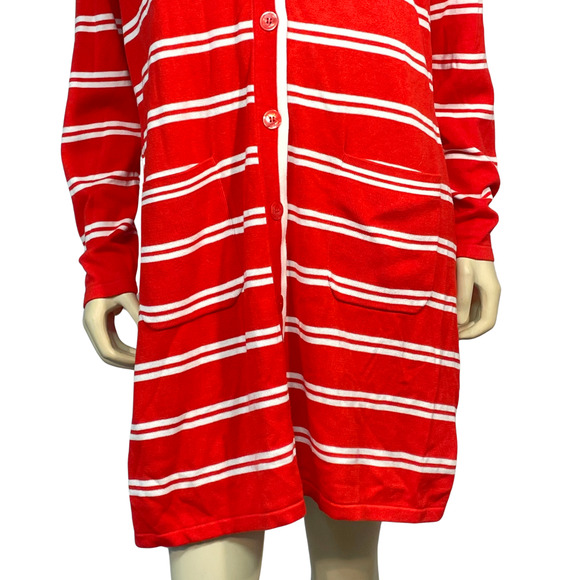Isaac Mizrahi Sz L Long Duster Cardigan V-Neck Long Sleeve Red/White Stripe New - Picture 7 of 11